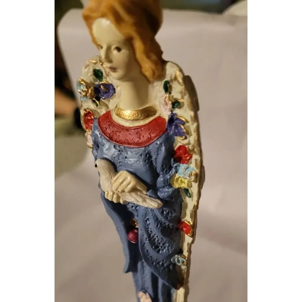 Vintage Pencil Angel Figurine Dove Blue Flower Decor Resin Rose Garden